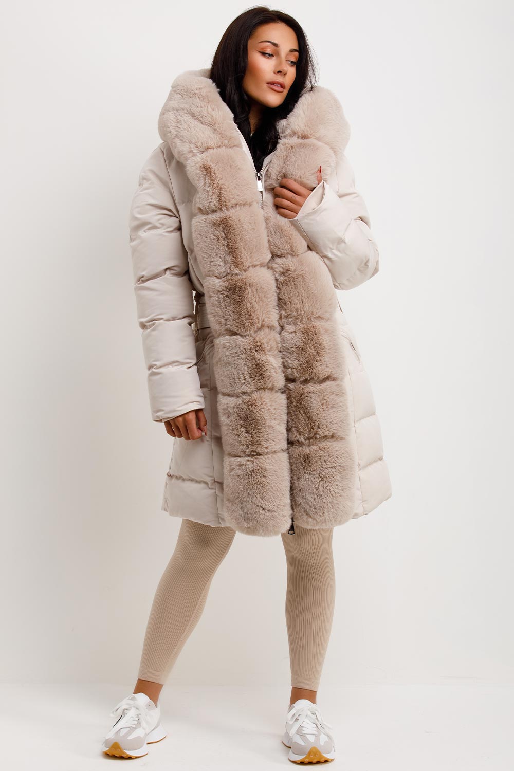 Beige Long Puffer Padded Coat With Faux Fur Hood And Trim