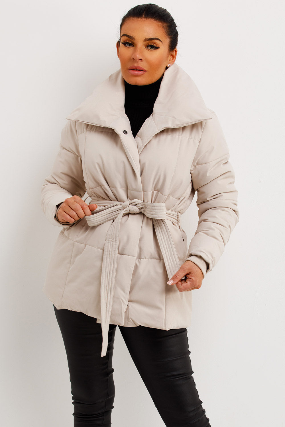 Beige Duvet Padded Jacket With Belt