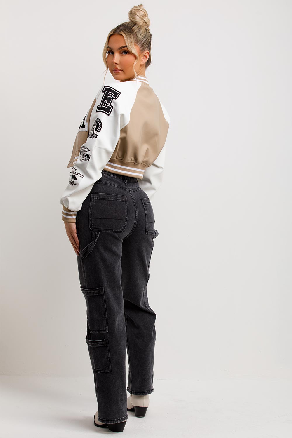 Varsity Bomber Faux Leather Jacket With Letter Detail Beige