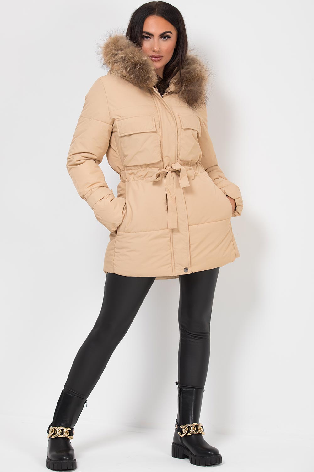 Real Fur Hood Coat With Drawstring Waist Beige