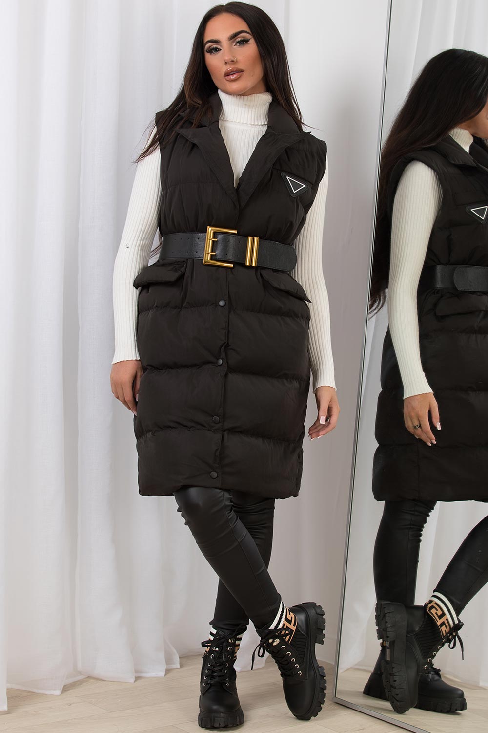 Black Long Puffer Gilet With Lapel Collar & Belt