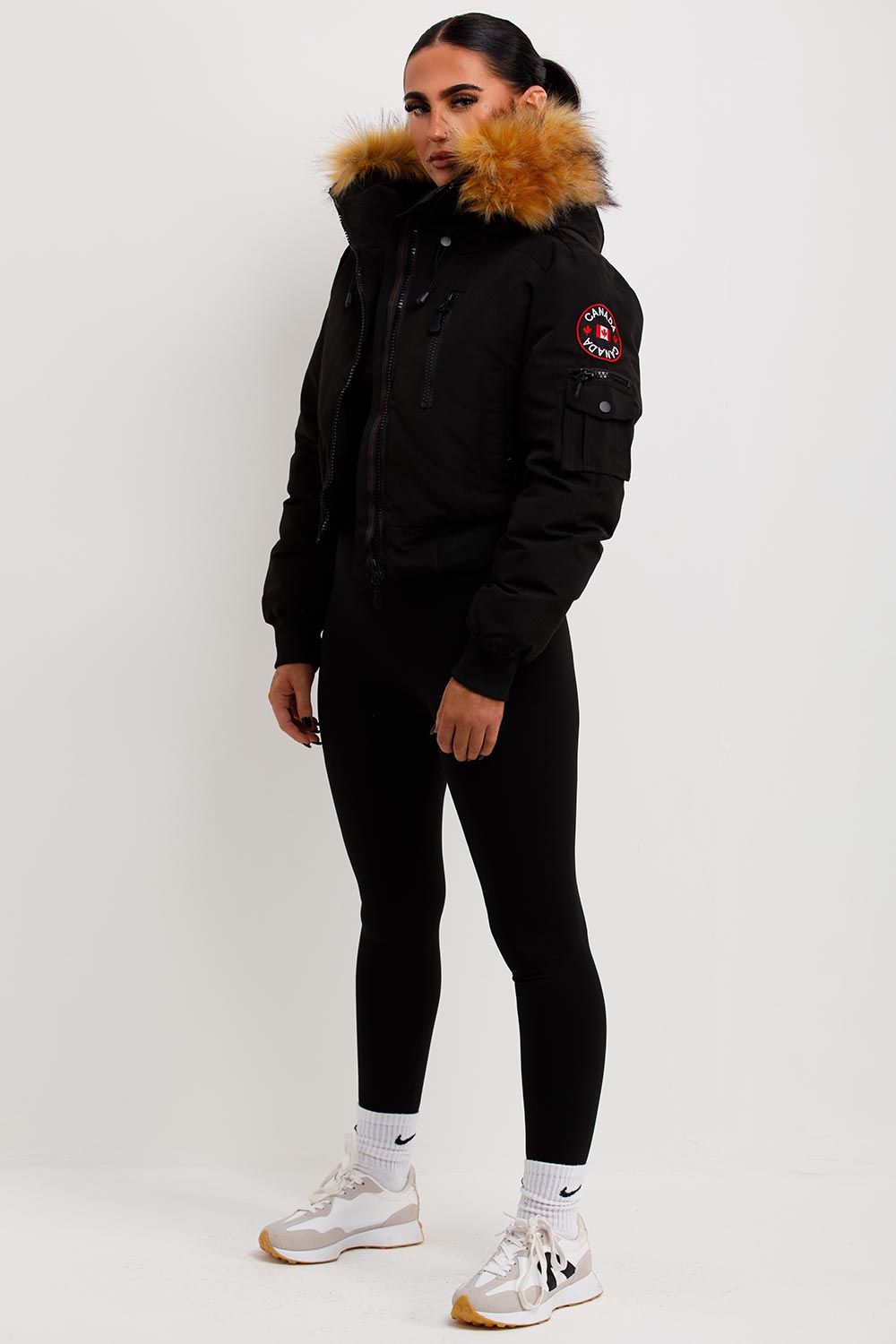Canada Crop Bomber Jacket With Fur Hood Black
