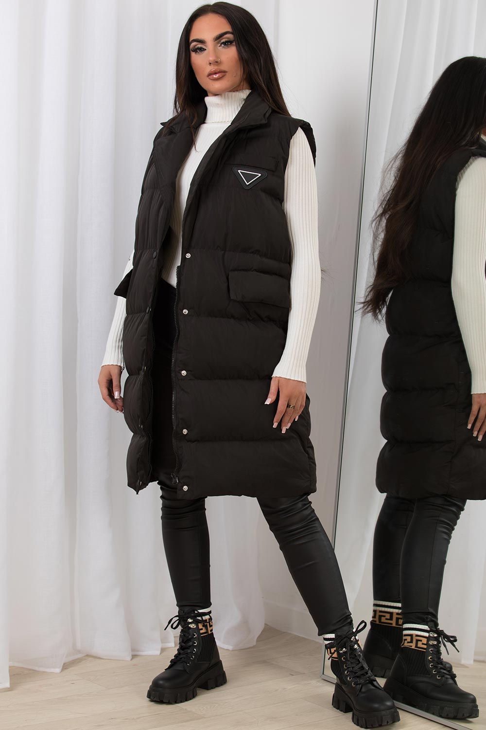 Black Long Puffer Gilet With Lapel Collar & Belt