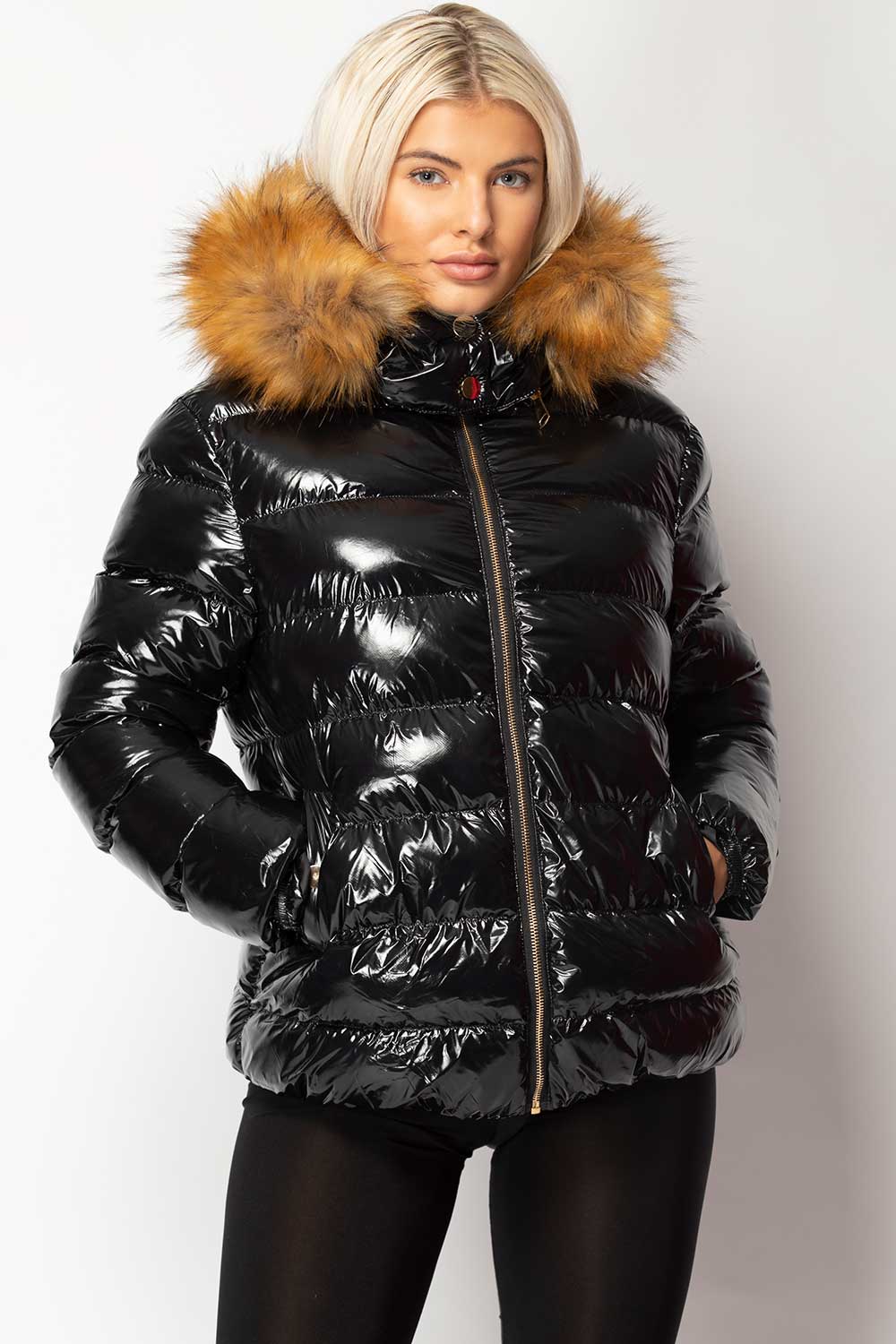 Black Shiny Puffer Jacket With Chunky Fur Hood