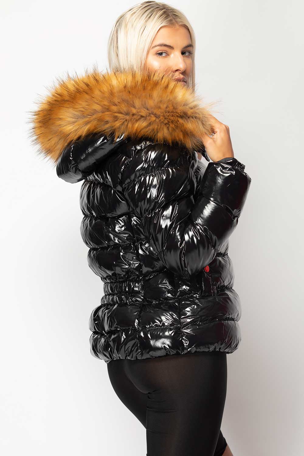 Black Shiny Puffer Jacket With Chunky Fur Hood