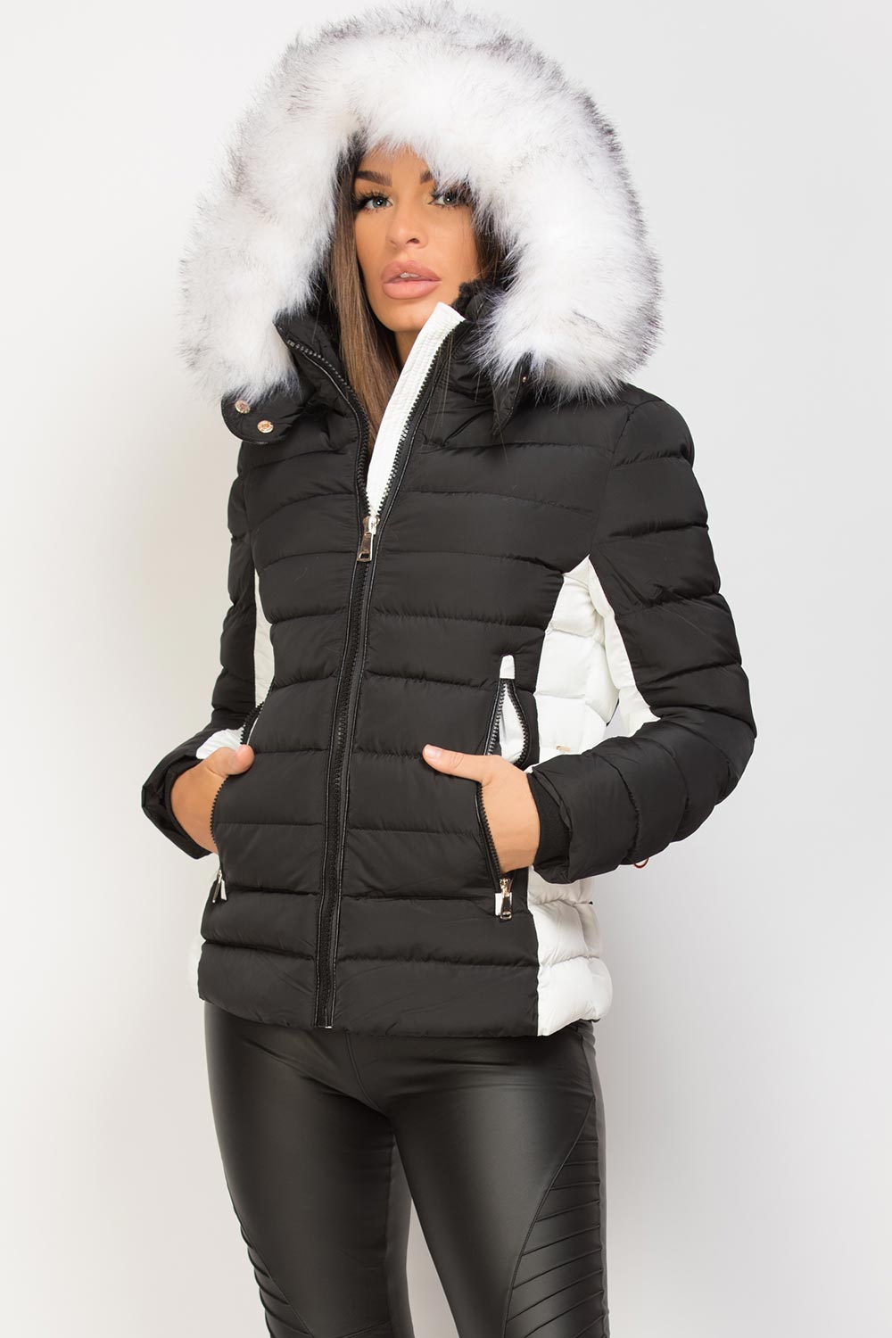 Puffer Jacket With Faux Fur Hood Black And White