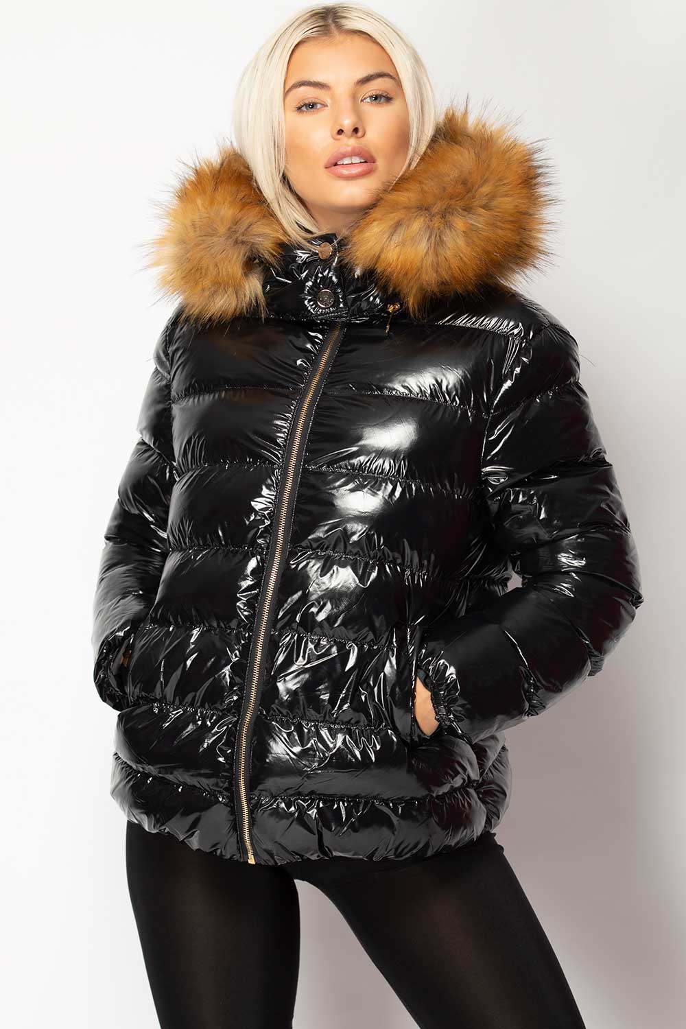Black Shiny Puffer Jacket With Chunky Fur Hood