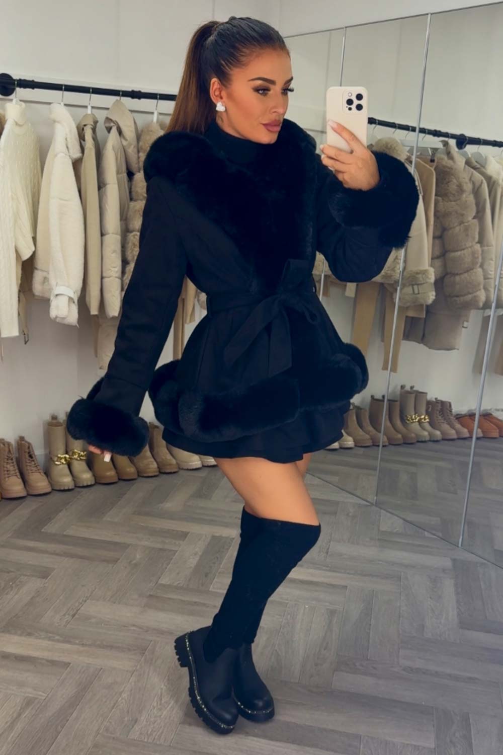 Black Faux Fur Faux Suede Hooded Belted Coat