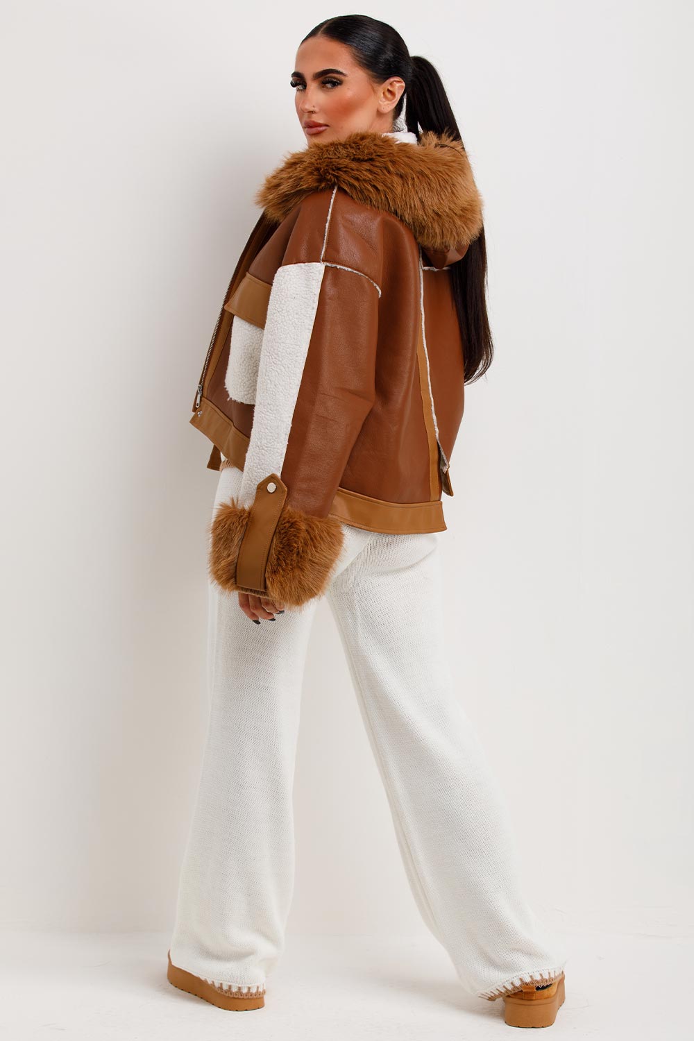 Shearling Faux Leather Jacket With Faux Fur Hood Brown