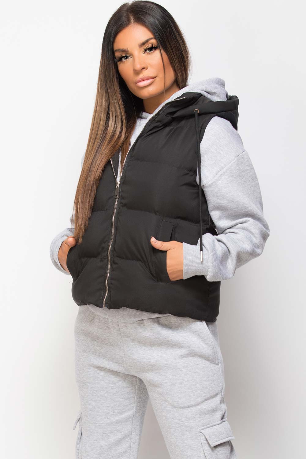 Black Hooded Gilet Sleeveless Jacket