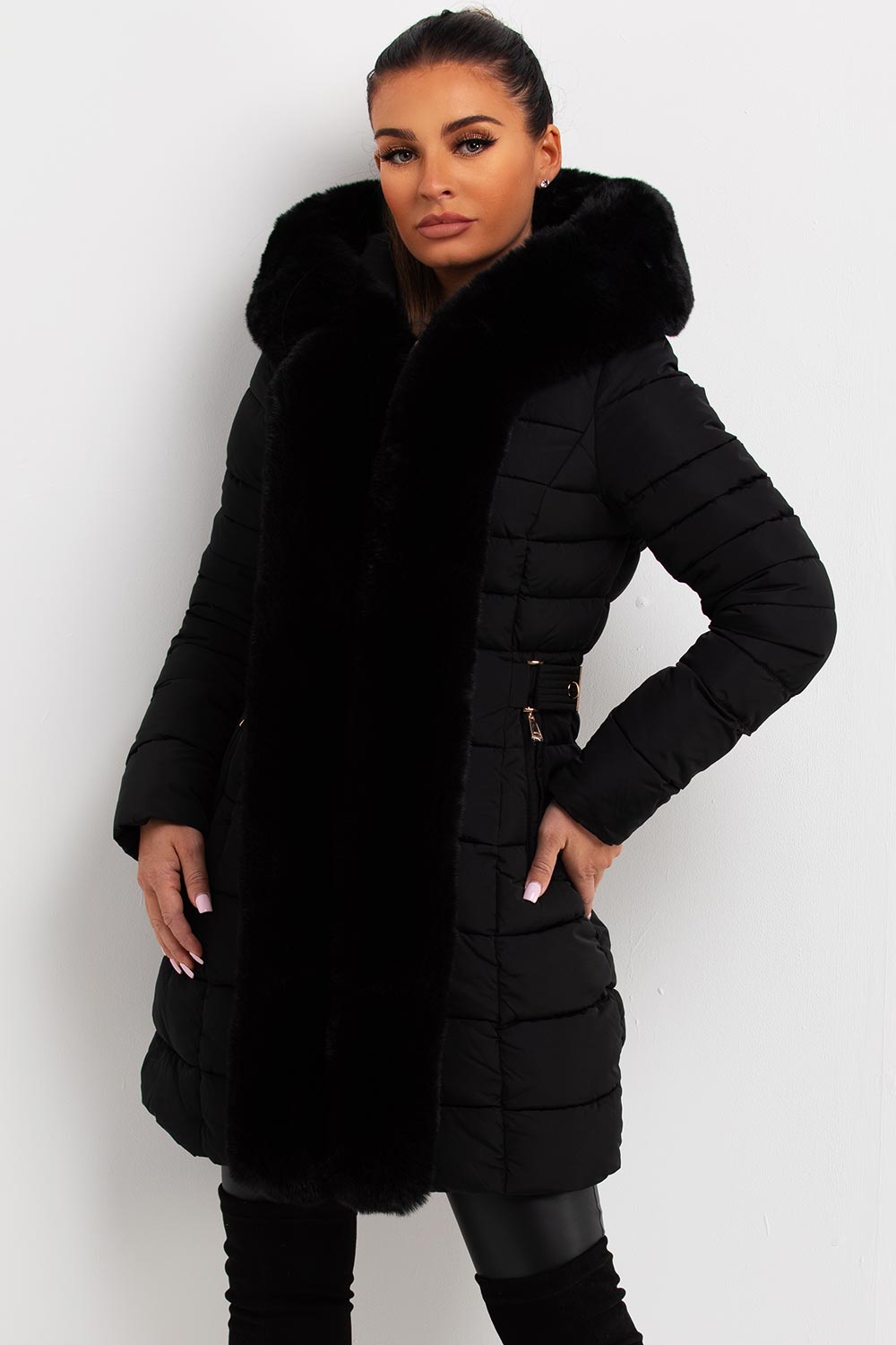 Puffer Padded Coat With Faux Fur Hood Black
