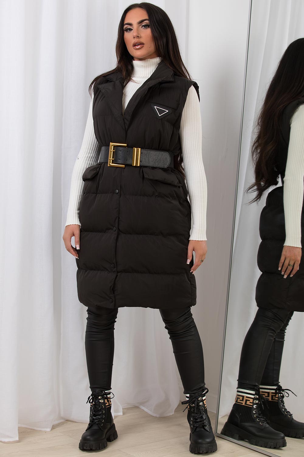 Black Long Puffer Gilet With Lapel Collar & Belt