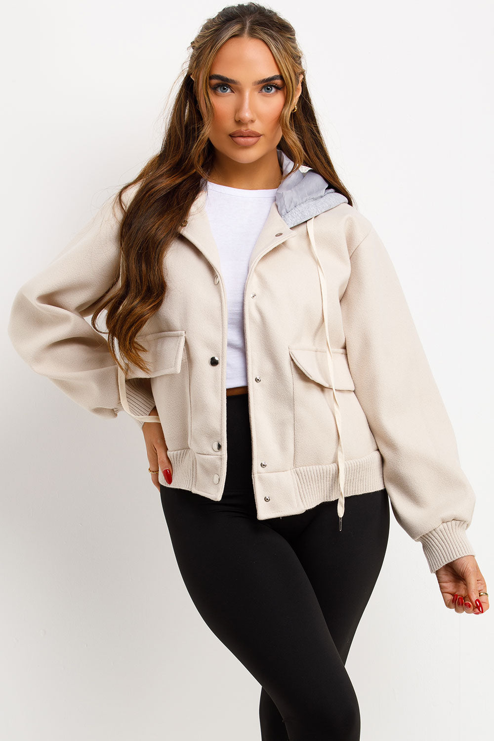 Bomber Baseball Jacket With Hood Beige
