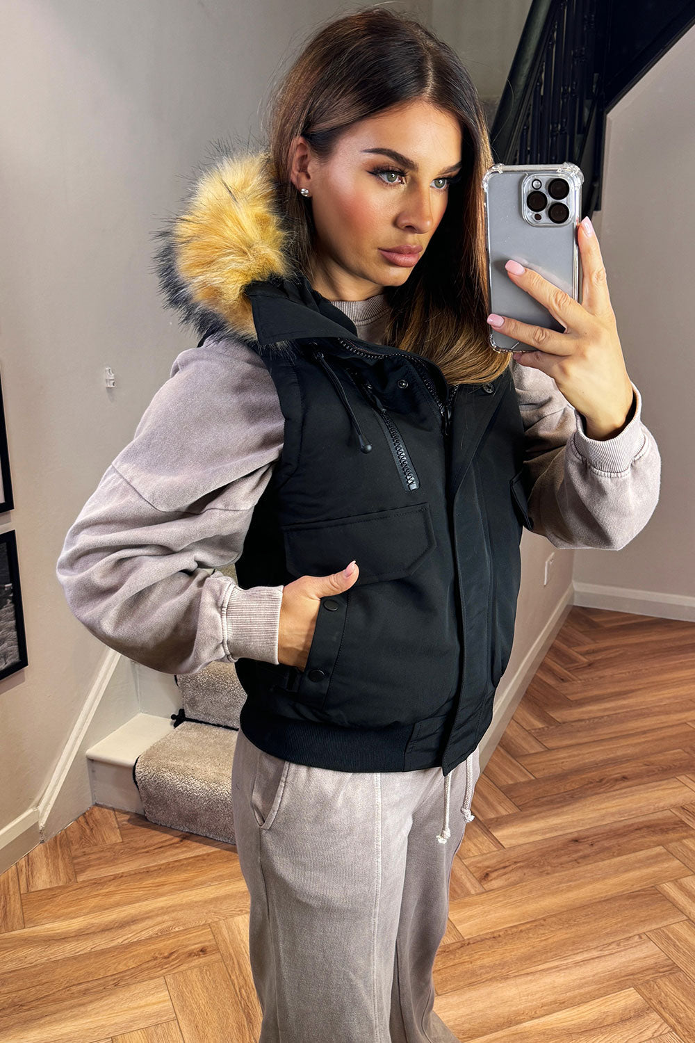 Black Gilet With Fur Hood