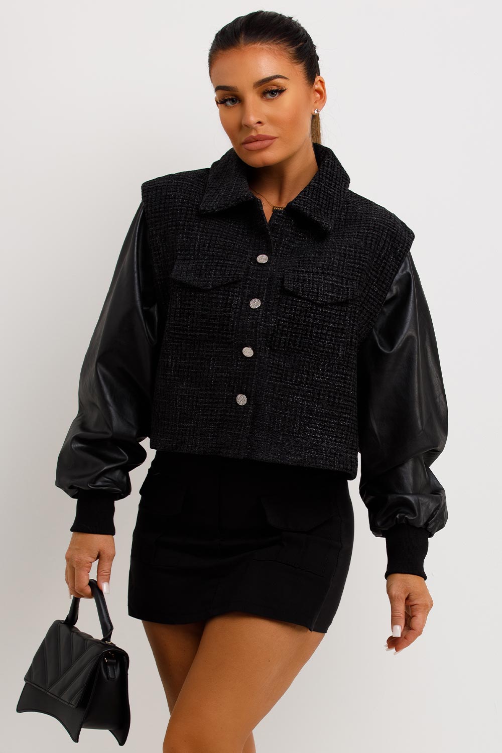 Tweed Bomber Jacket With Faux Leather Sleeves Black