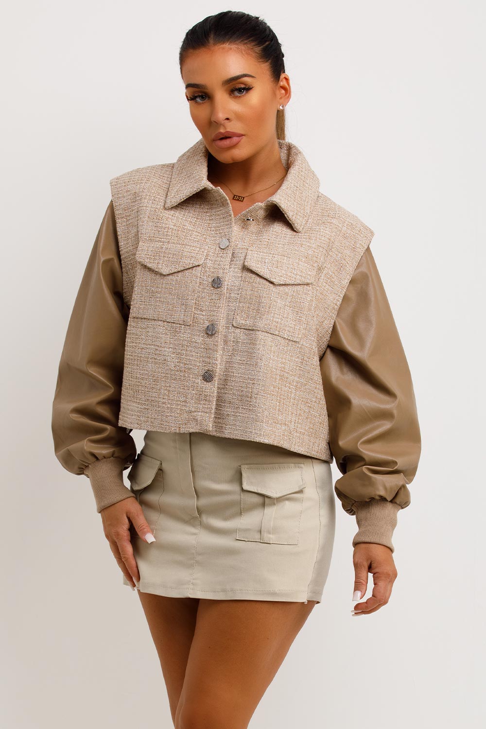 Tweed Bomber Jacket With Faux Leather Sleeves Beige