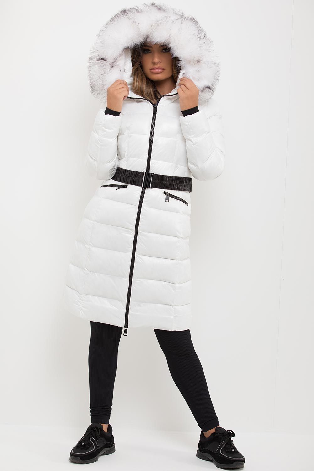 White Long Puffer Padded Jacket With Faux Fur Hood & Belt