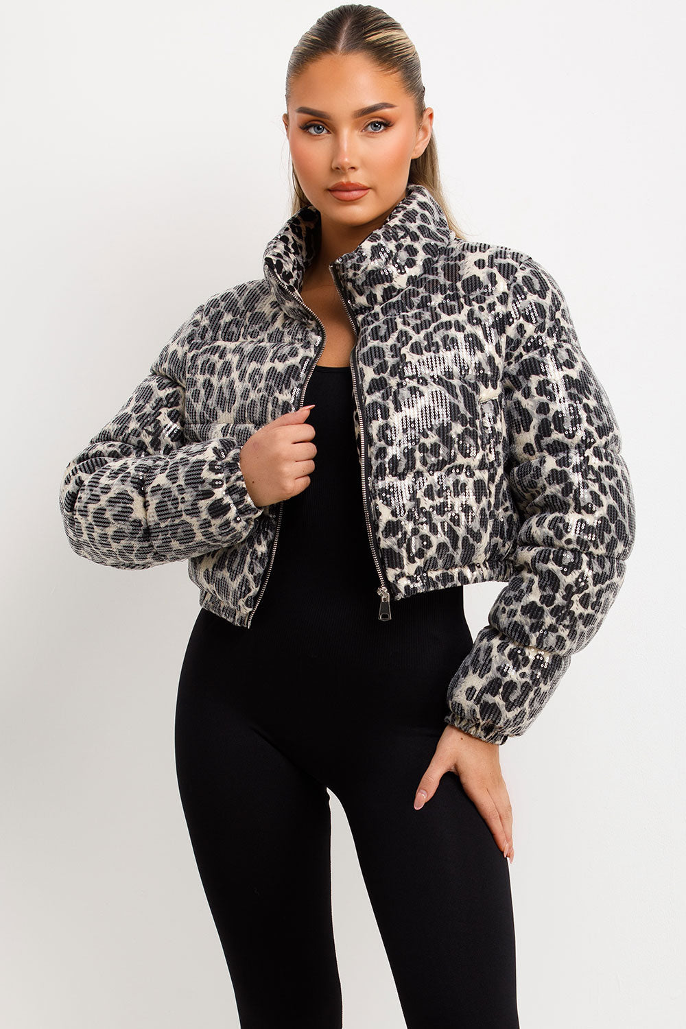 White Leopard Print Crop Puffer Jacket Sequin Detail