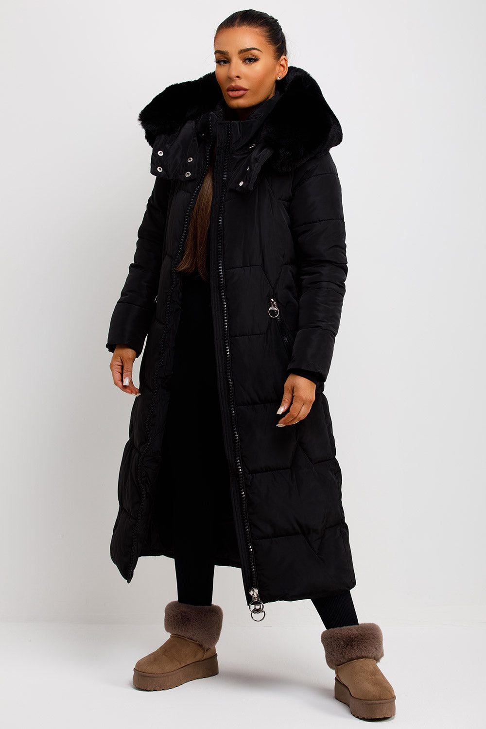 Long Puffer Padded Coat With Faux Fur Hood Black