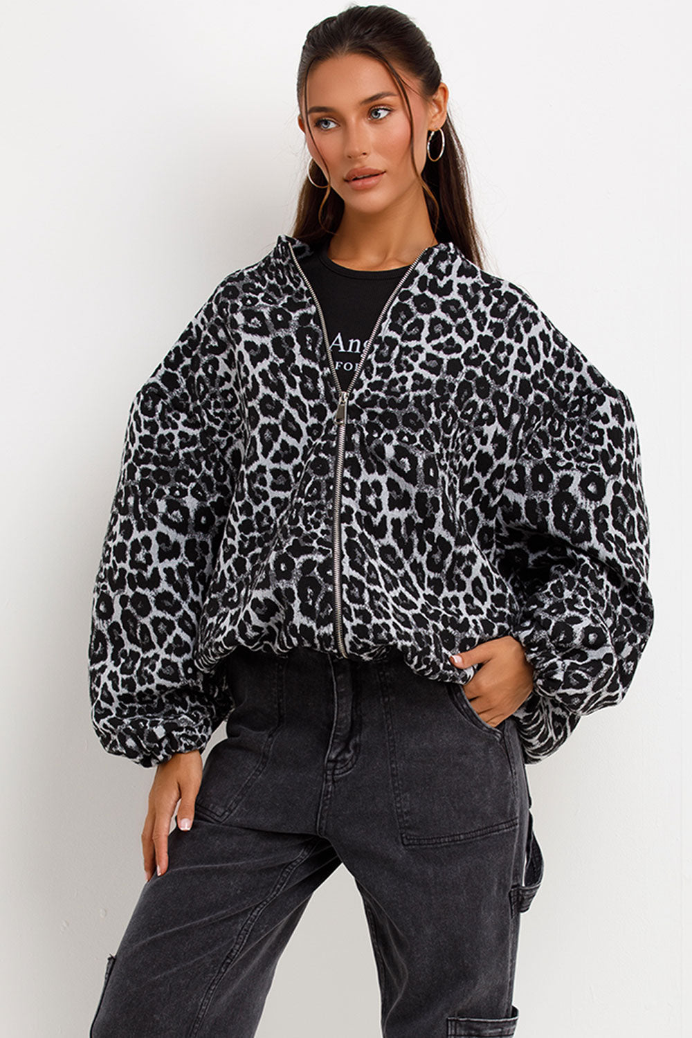 Leopard Print Bomber Jacket Grey