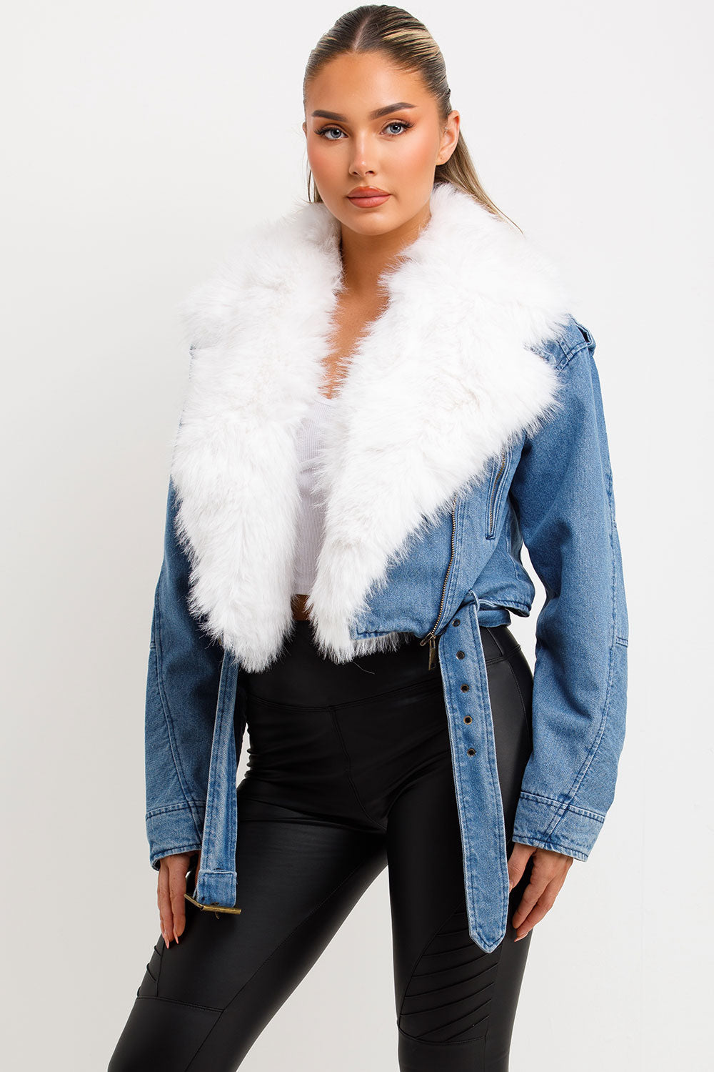 Denim Blue Aviator Jacket With Faux Fur Collar