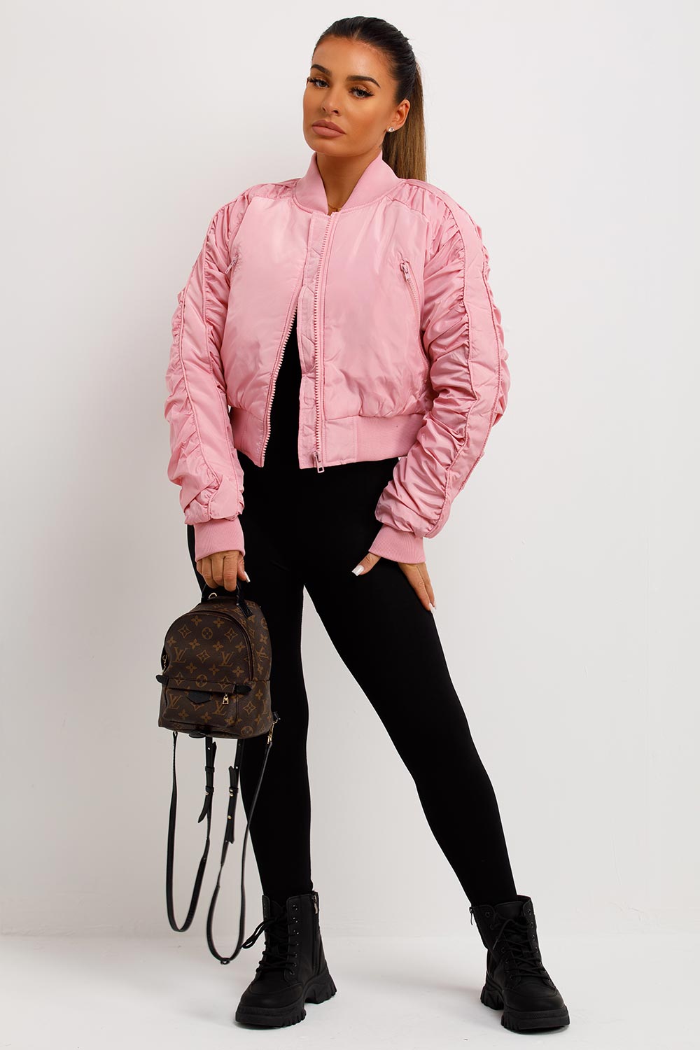 Bomber Jacket With Ruched Sleeves Pink