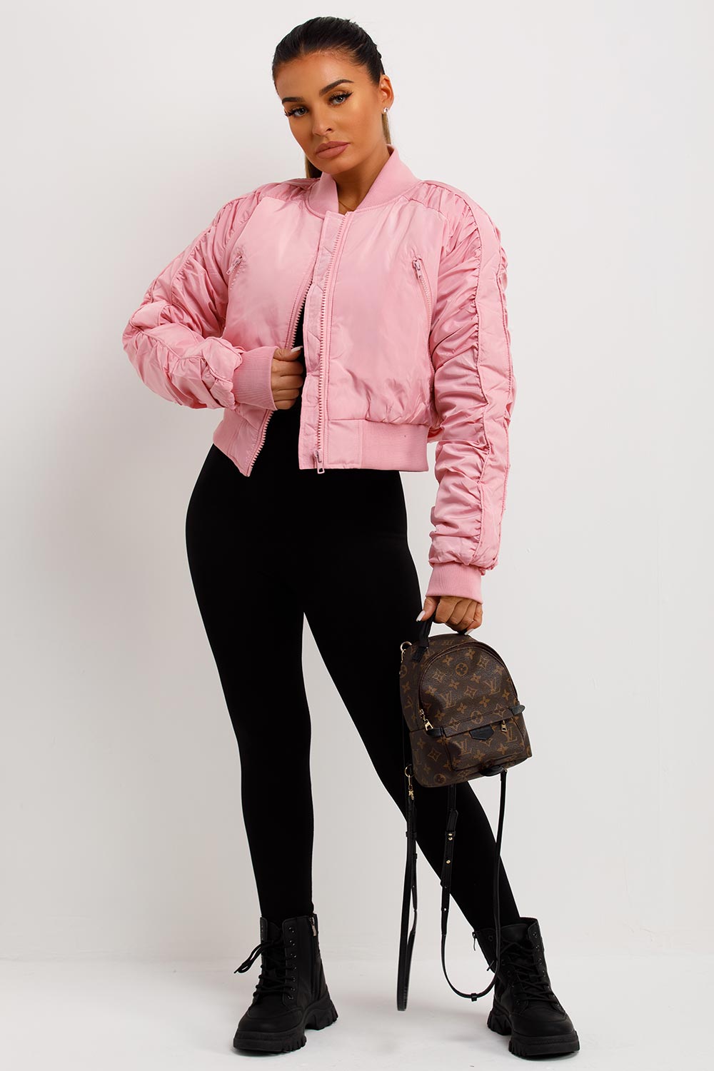 Bomber Jacket With Ruched Sleeves Pink