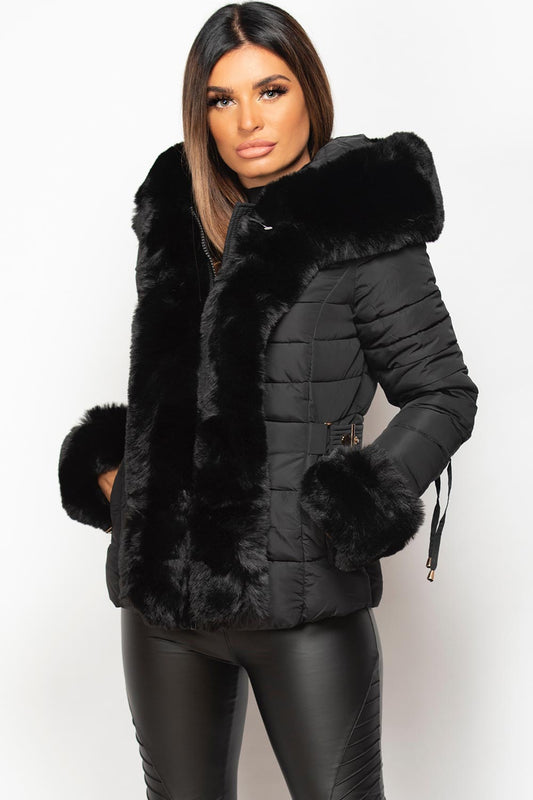 Black Puffer Coat With Faux Fur Hood And Cuff