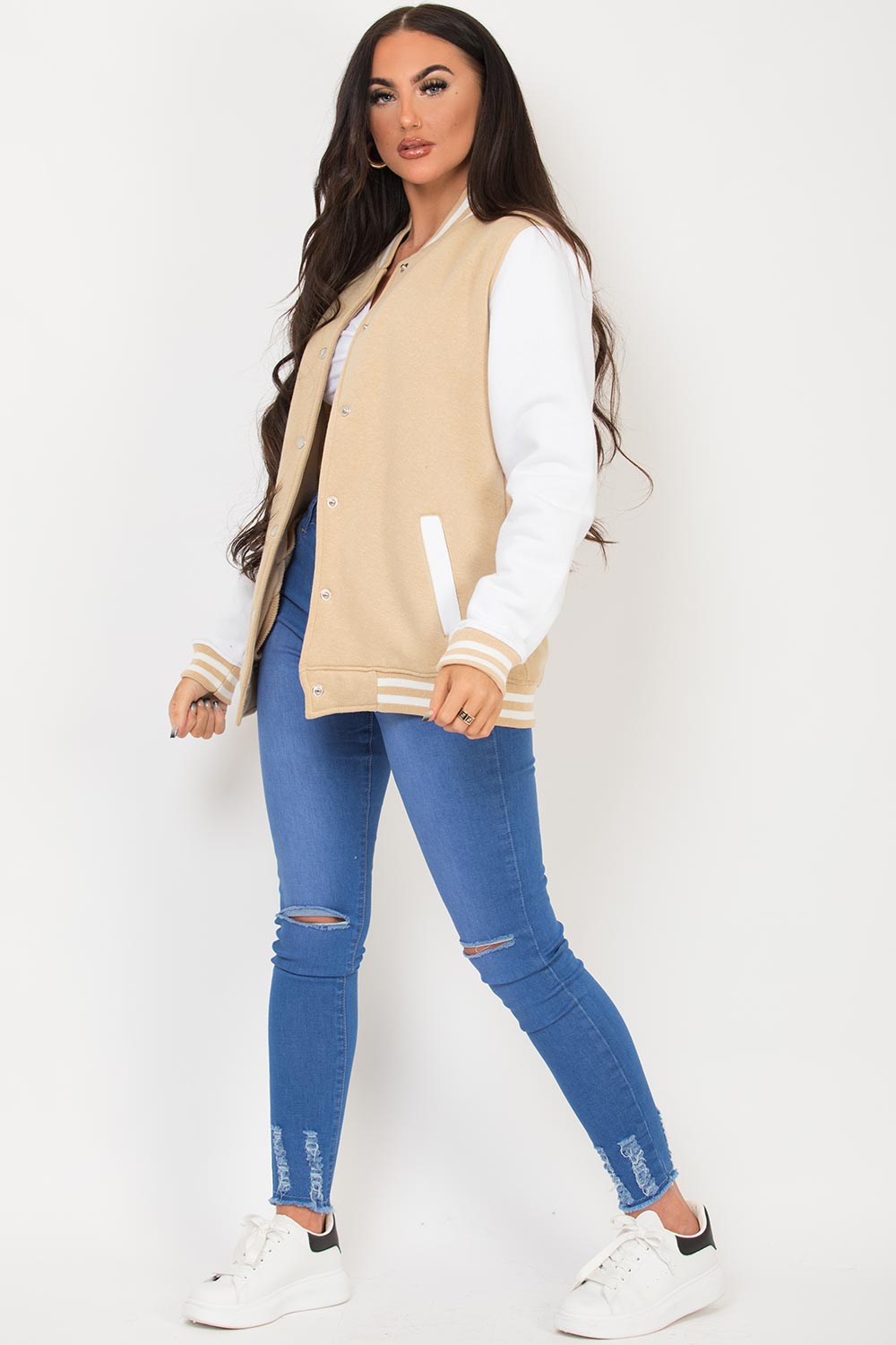 Varsity Contrast Bomber Jacket Beige