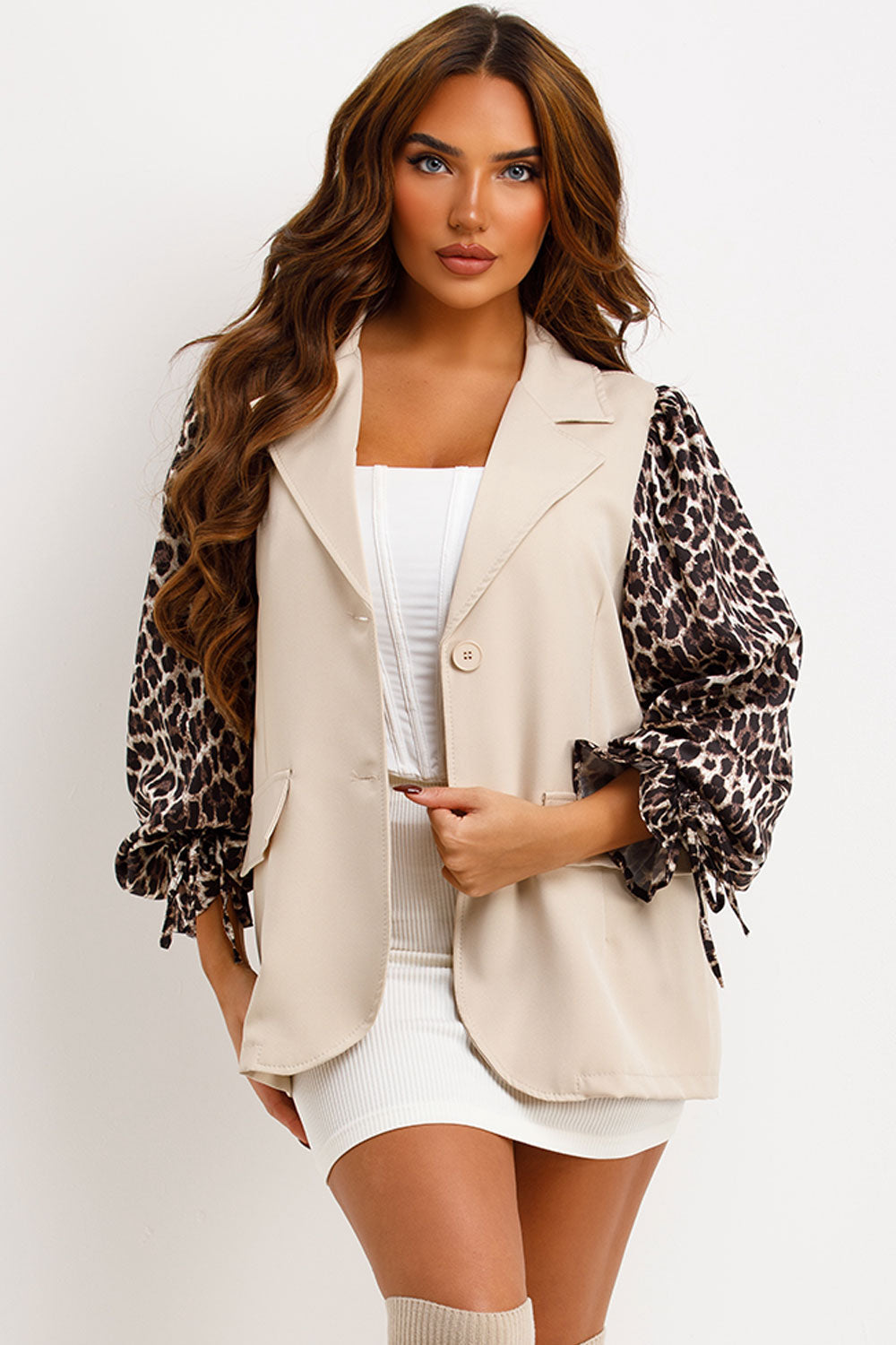 Beige Blazer With Leopard Print Sleeves