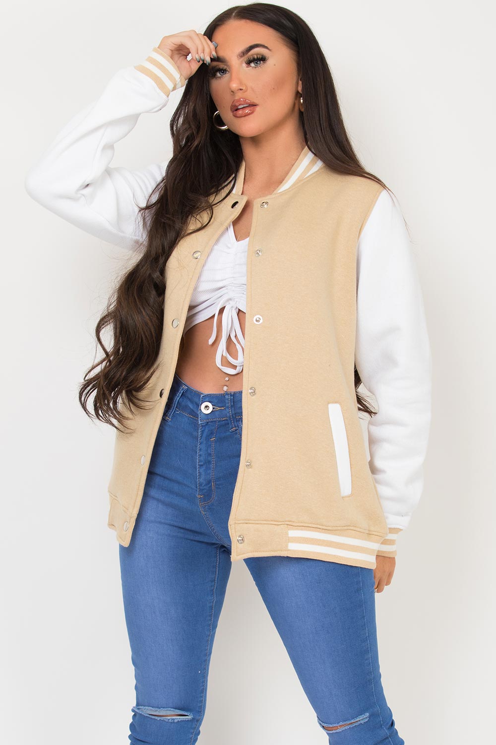 Varsity Contrast Bomber Jacket Beige