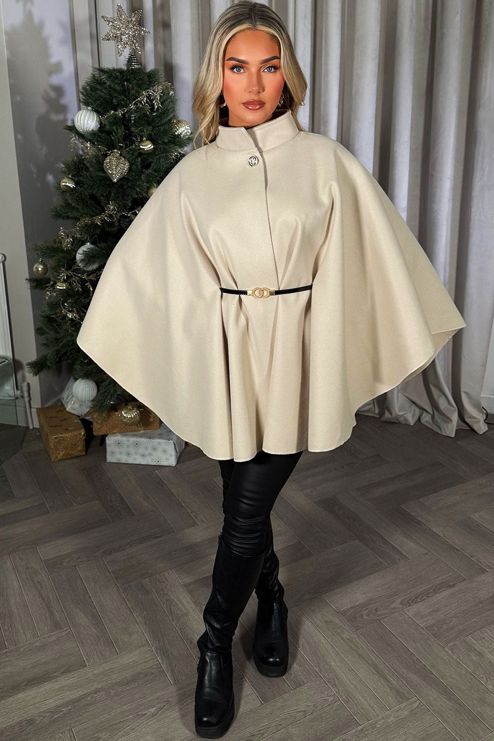 Cape With Belt And Button Beige Poncho