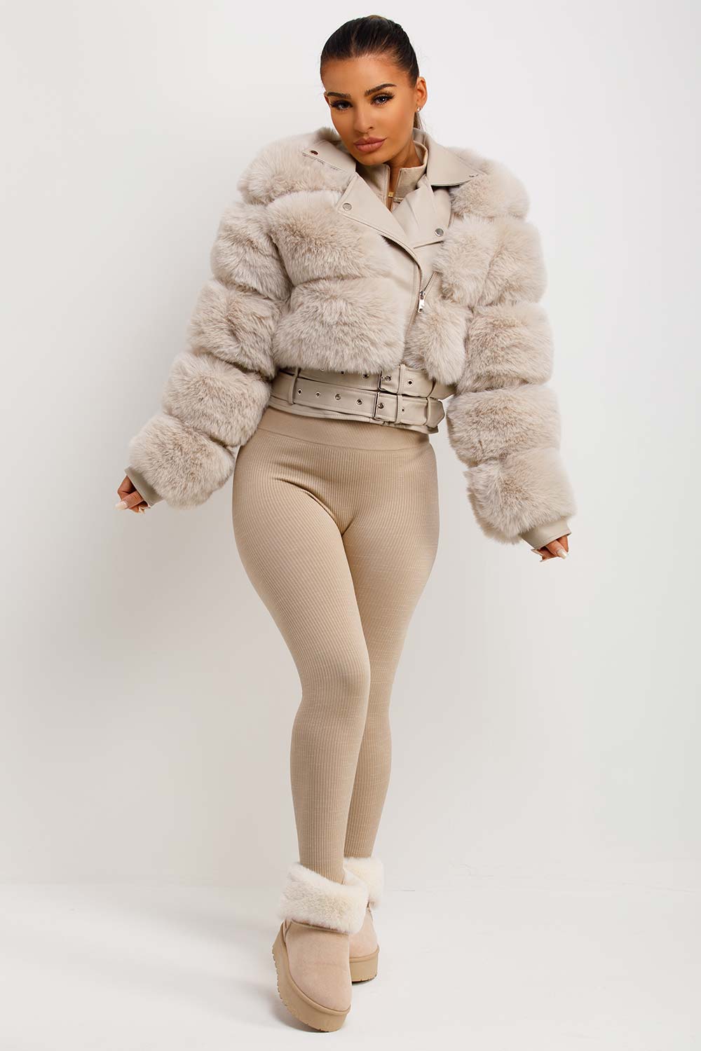 Faux Fur Faux Leather Aviator Jacket With Belt Beige