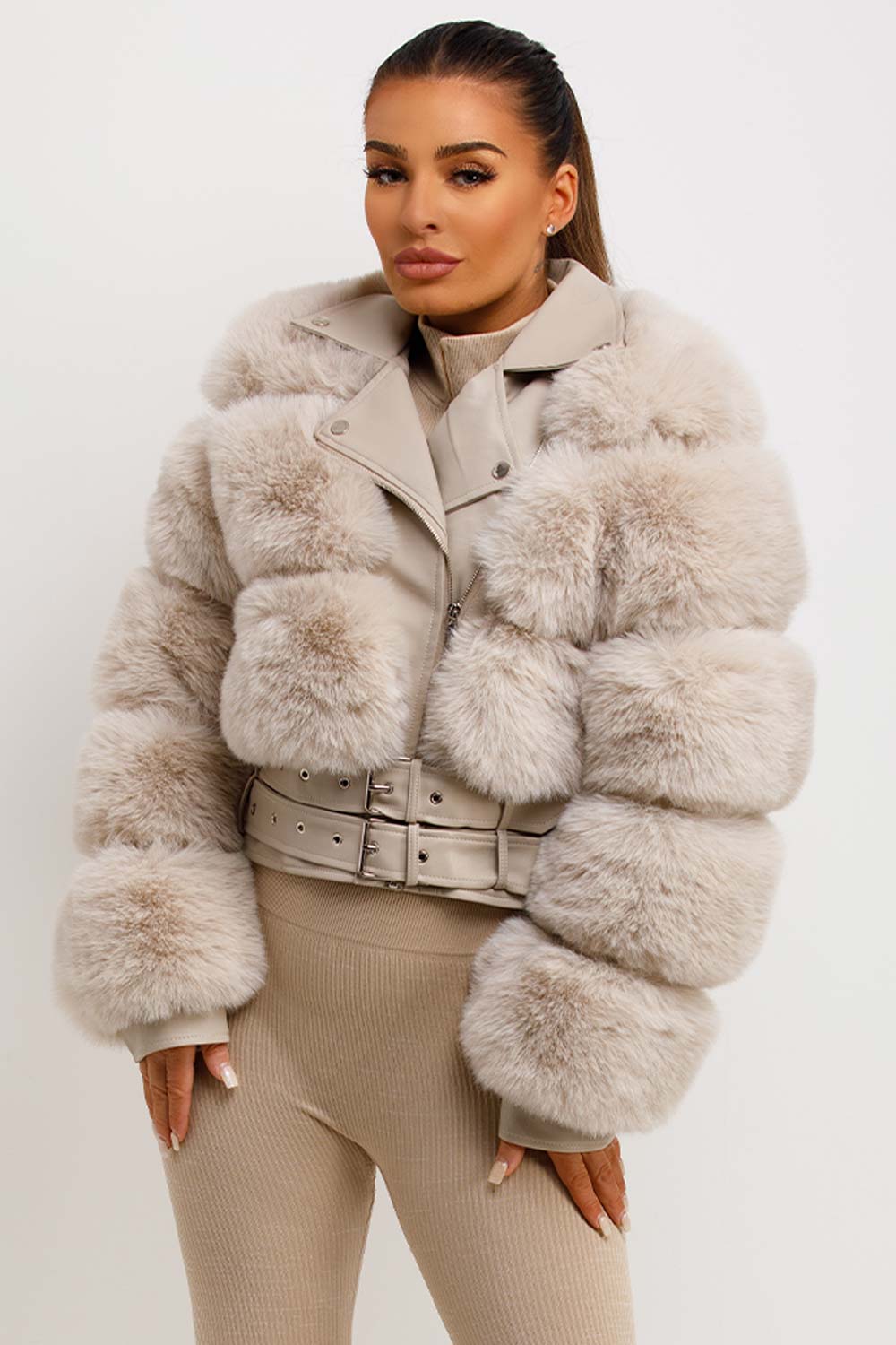 Faux Fur Faux Leather Aviator Jacket With Belt Beige