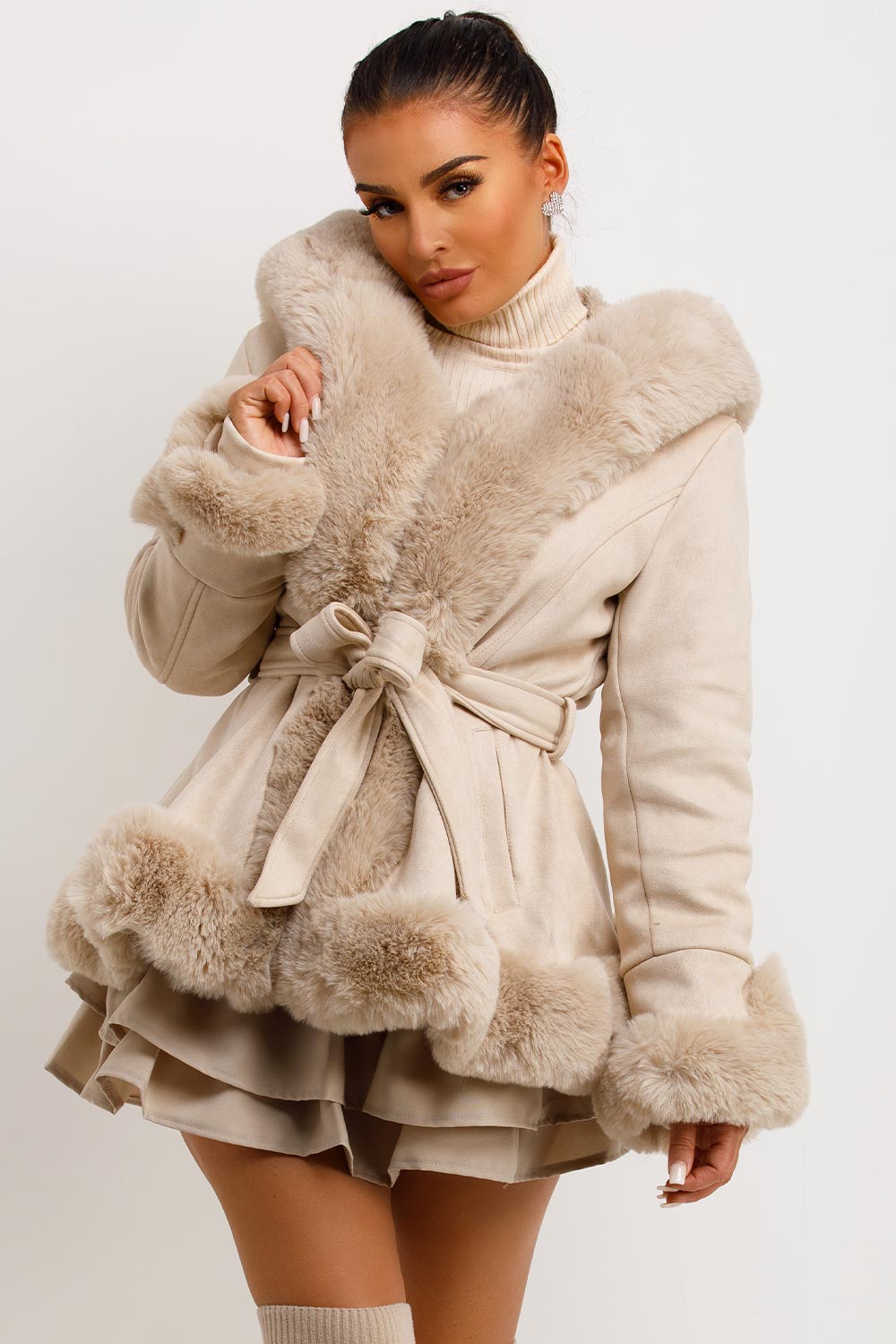 Beige Faux Fur Faux Suede Hooded Belted Coat