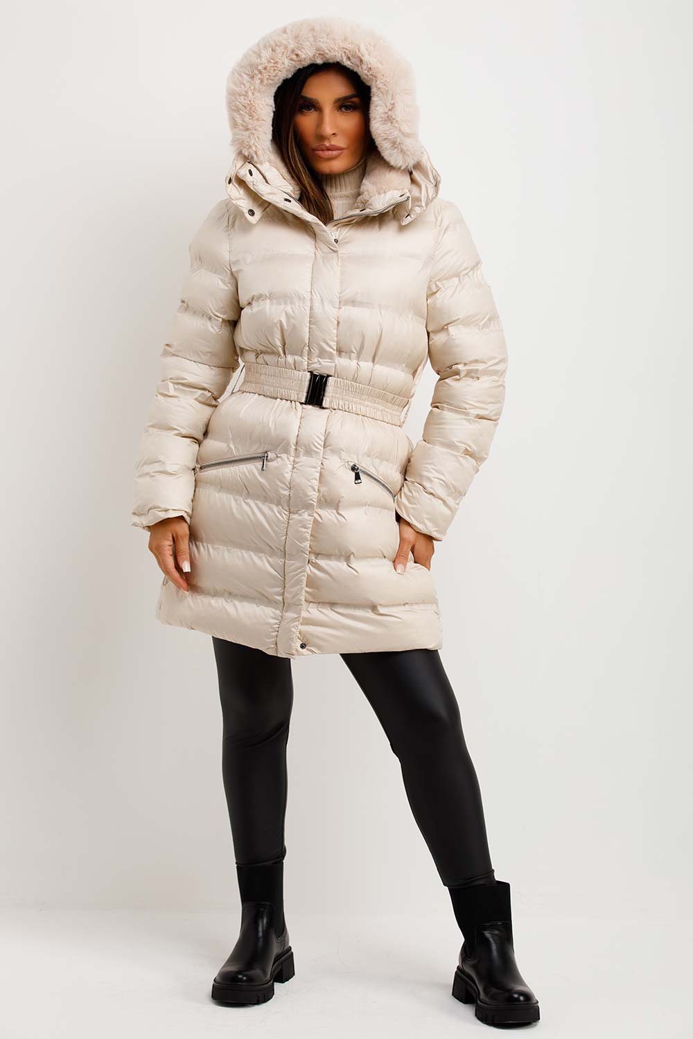 Puffer Padded Coat With Fur Hood And Belt Beige