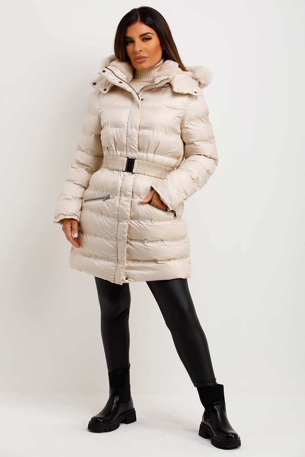 Puffer Padded Coat With Fur Hood And Belt Beige