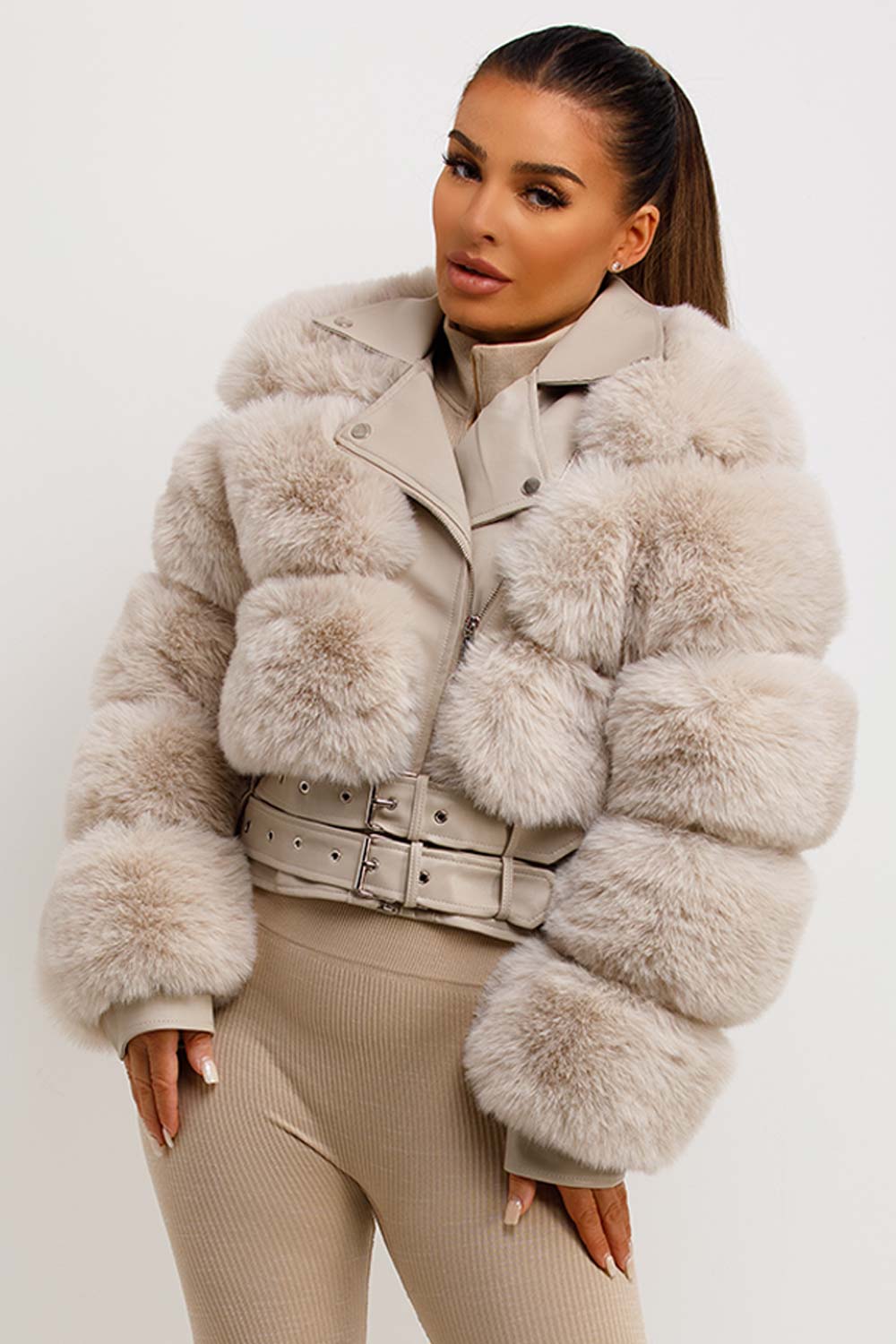 Faux Fur Faux Leather Aviator Jacket With Belt Beige