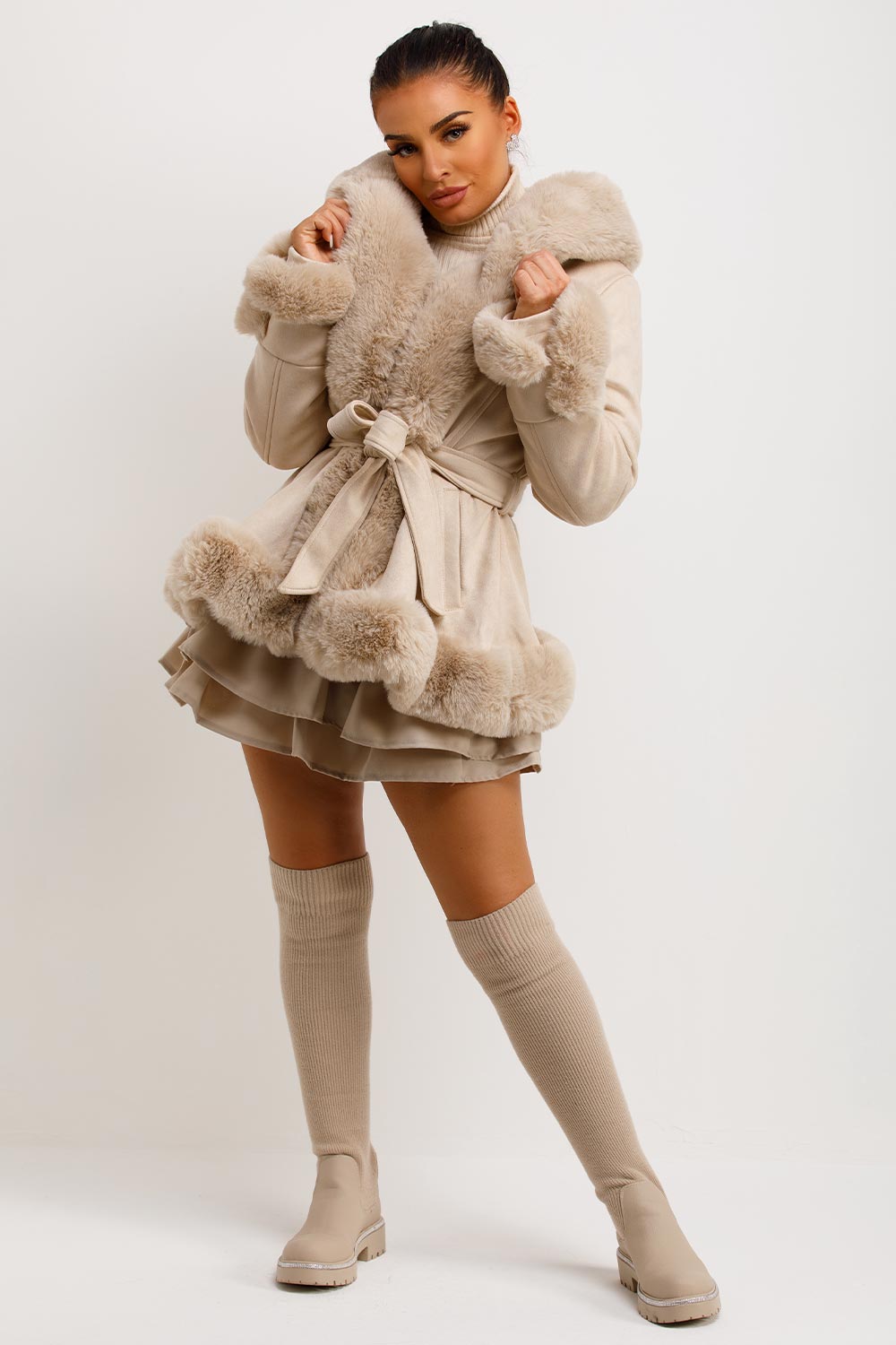 Beige Faux Fur Faux Suede Hooded Belted Coat