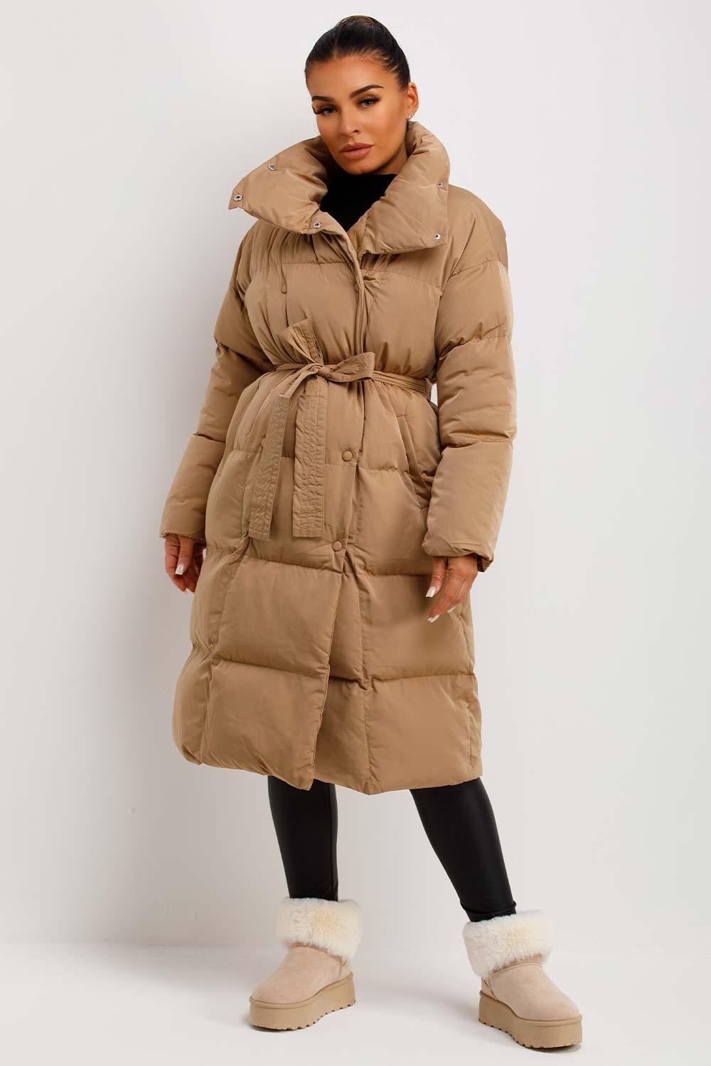 Long Puffer Coat Duvet Style Beige