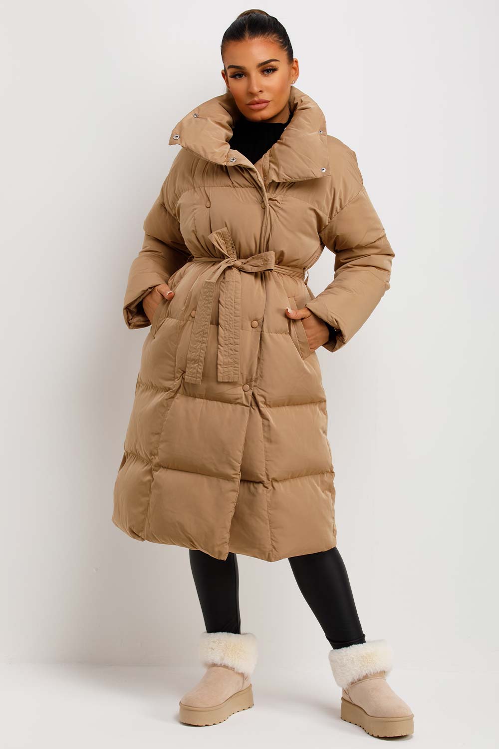 Long Puffer Coat Duvet Style Beige