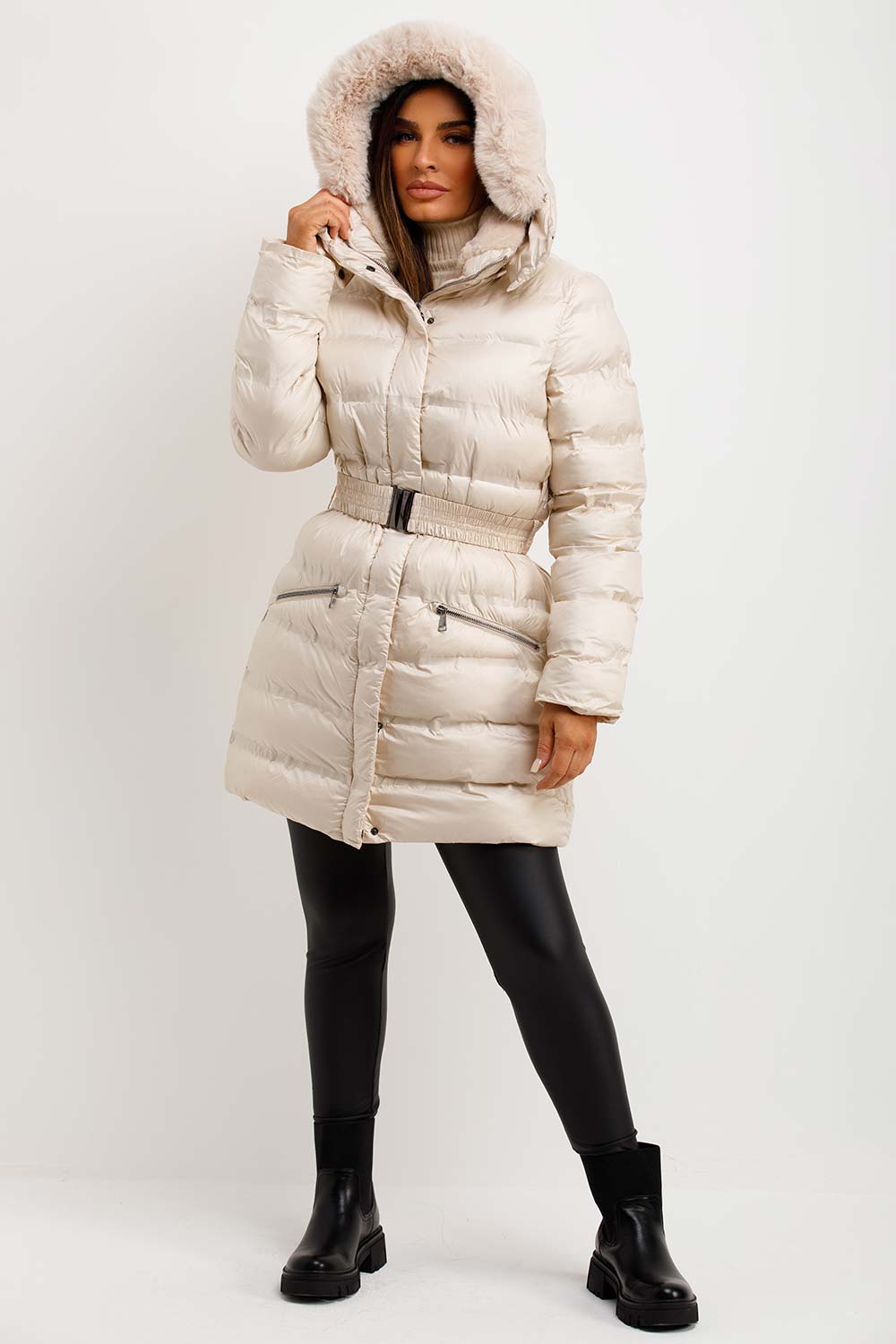 Puffer Padded Coat With Fur Hood And Belt Beige