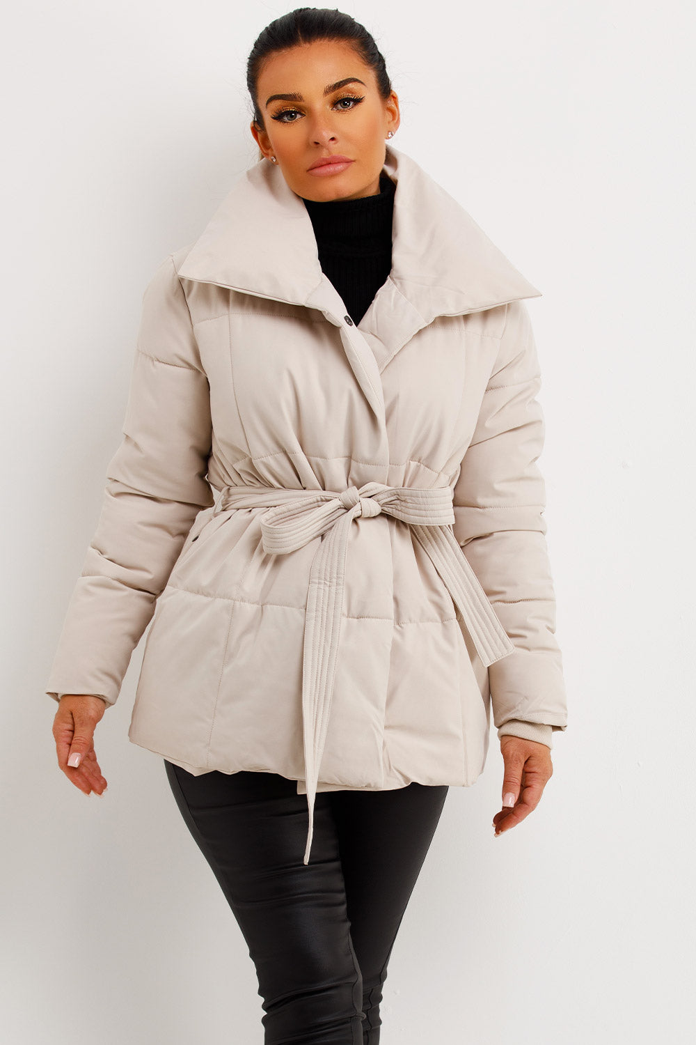 Beige Duvet Padded Jacket With Belt