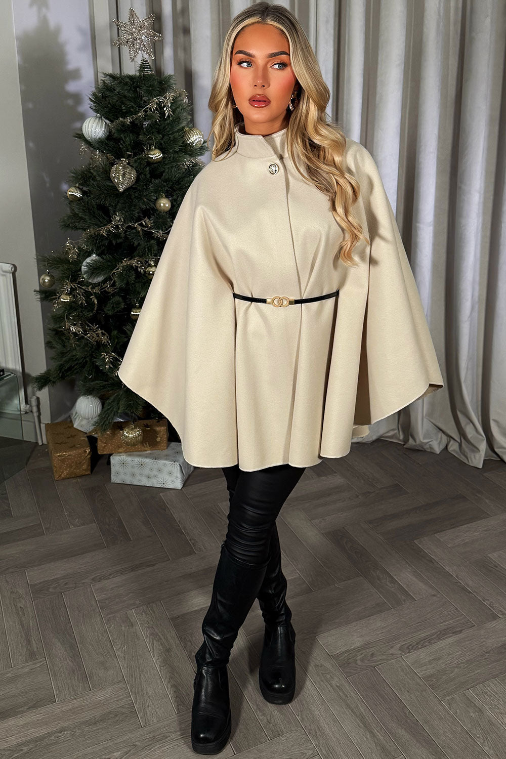 Cape With Belt And Button Beige Poncho