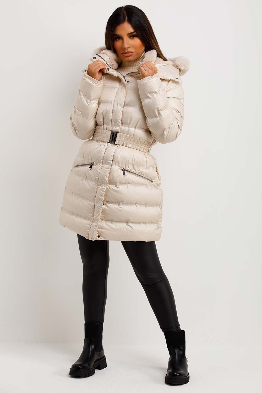 Puffer Padded Coat With Fur Hood And Belt Beige