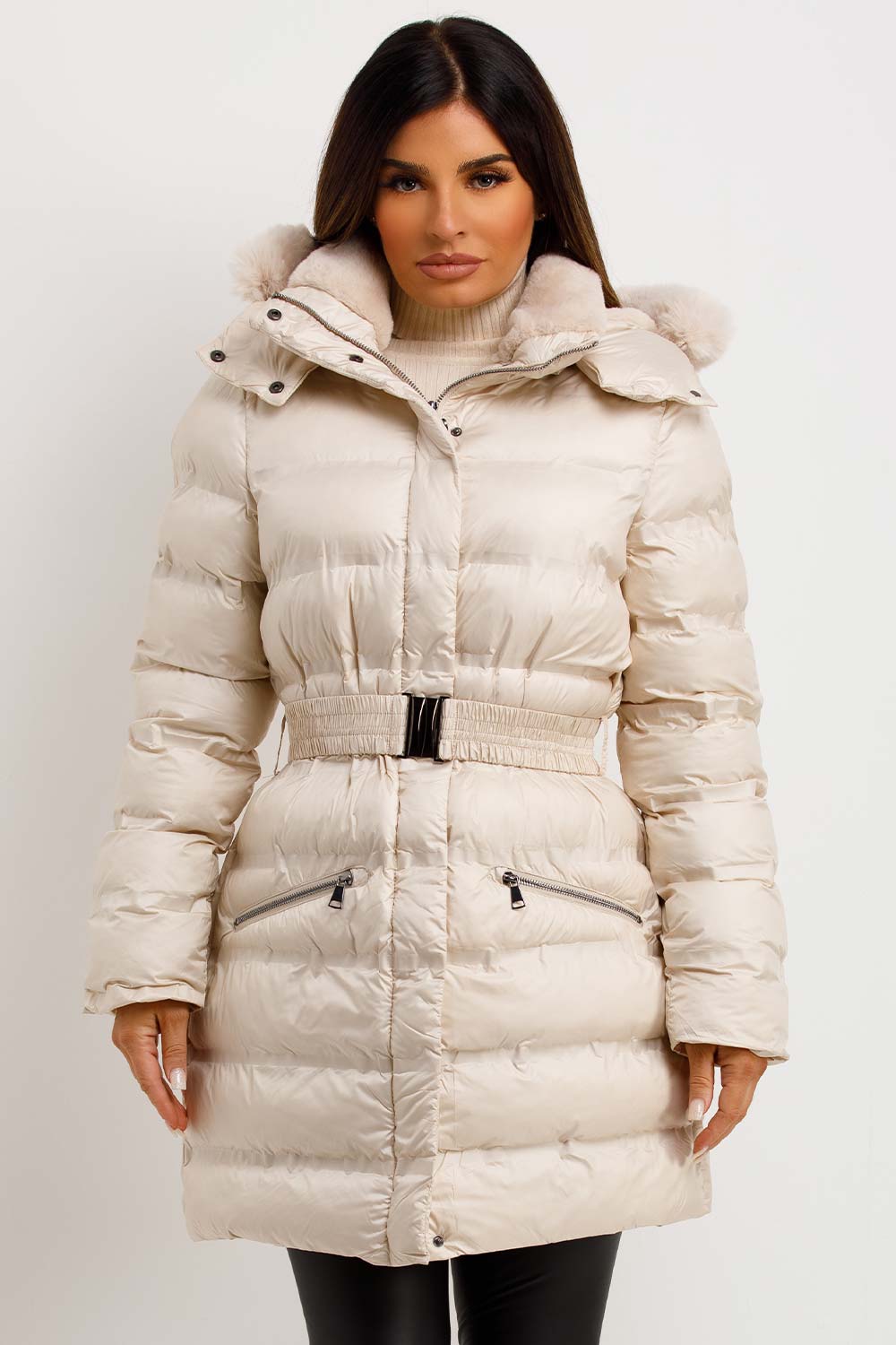 Puffer Padded Coat With Fur Hood And Belt Beige