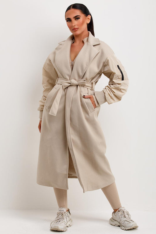 Beige Long Wrap Coat With Ruched Sleeves