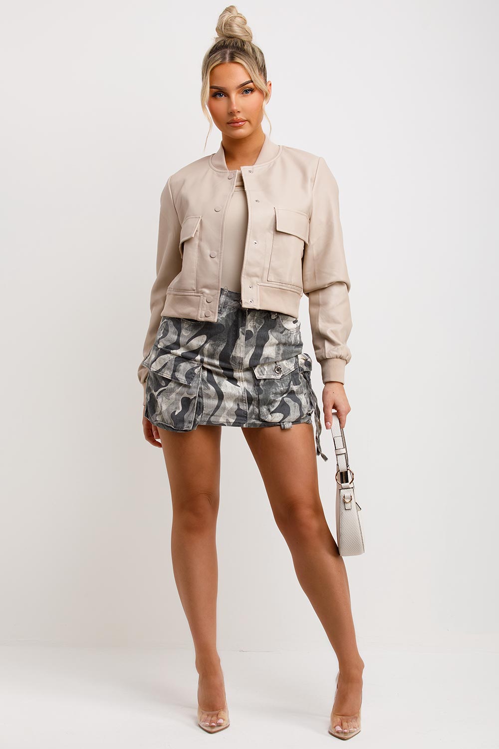 Beige Faux Leather Bomber Jacket