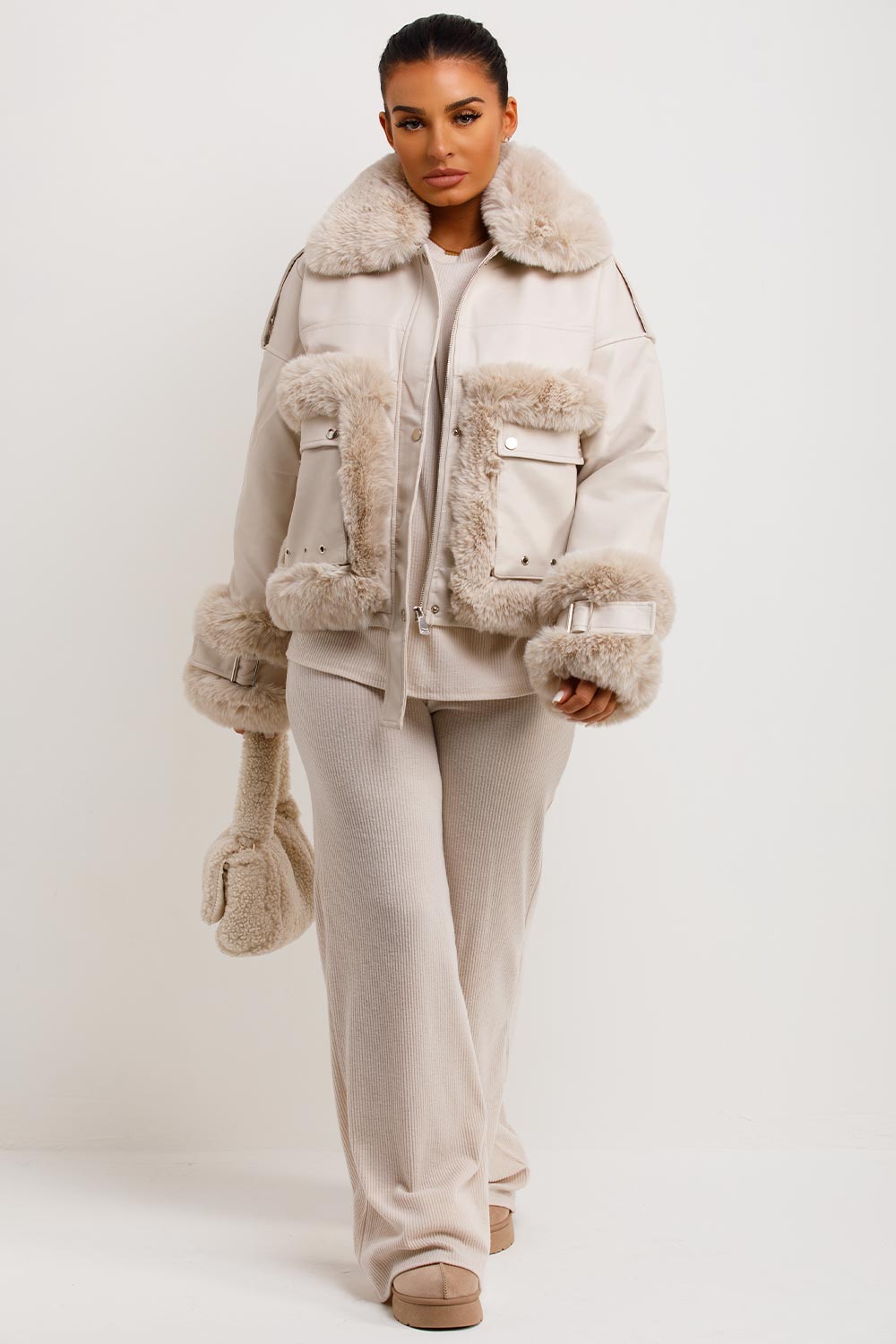 Faux Fur Trim Faux Leather Jacket Beige