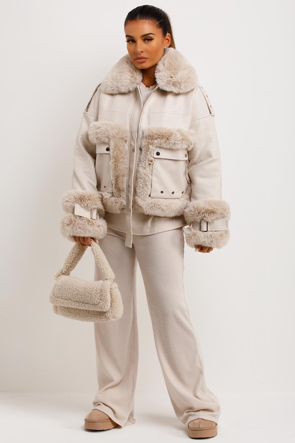 Faux Fur Trim Faux Leather Jacket Beige